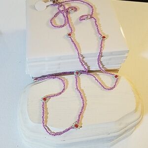 Pink Seed Beaded Flower Accented 28" Necklace